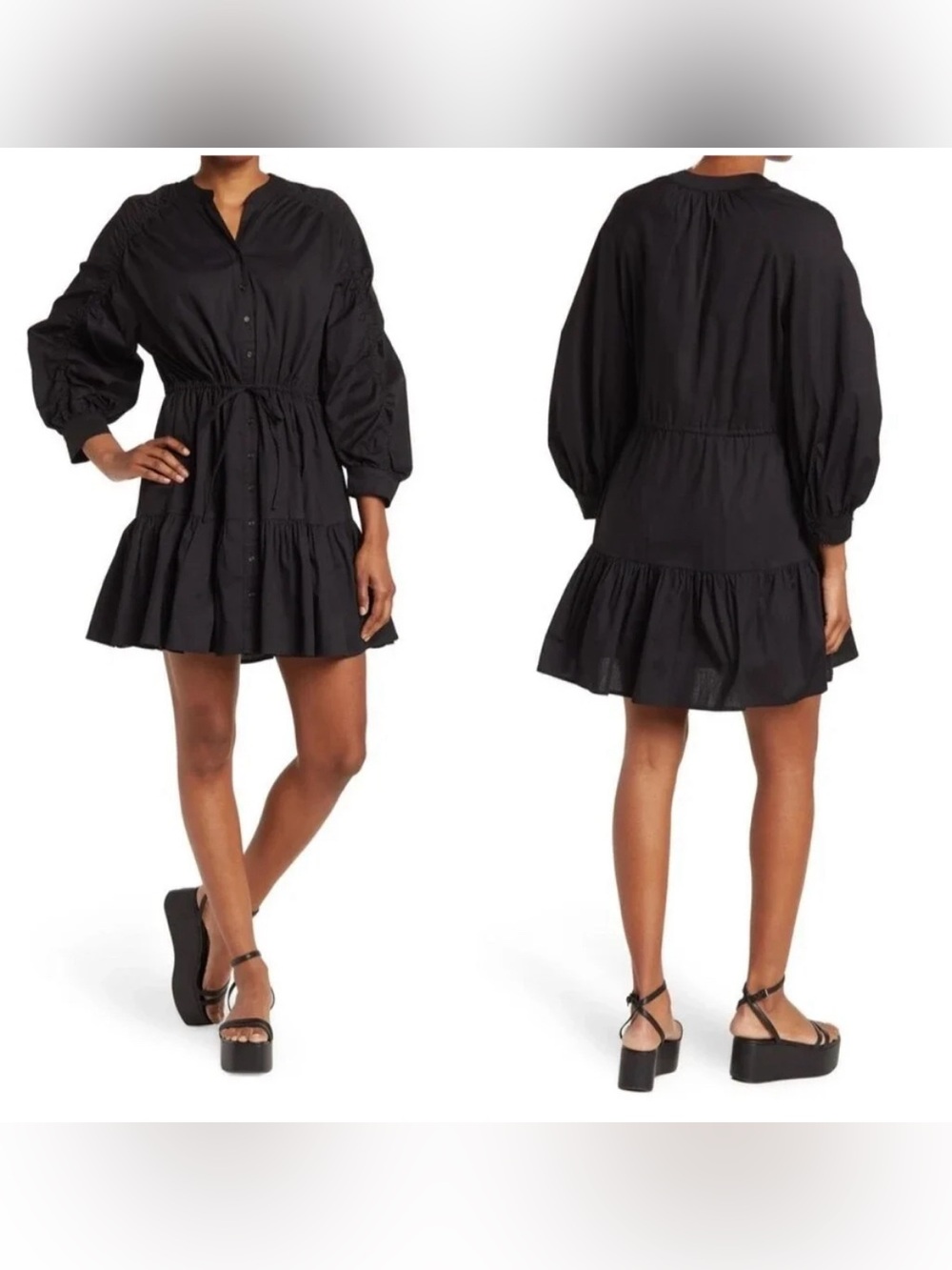 ASTR Black Ruched Sleeve Cinched Waist Mini Dress Size Large NWT
